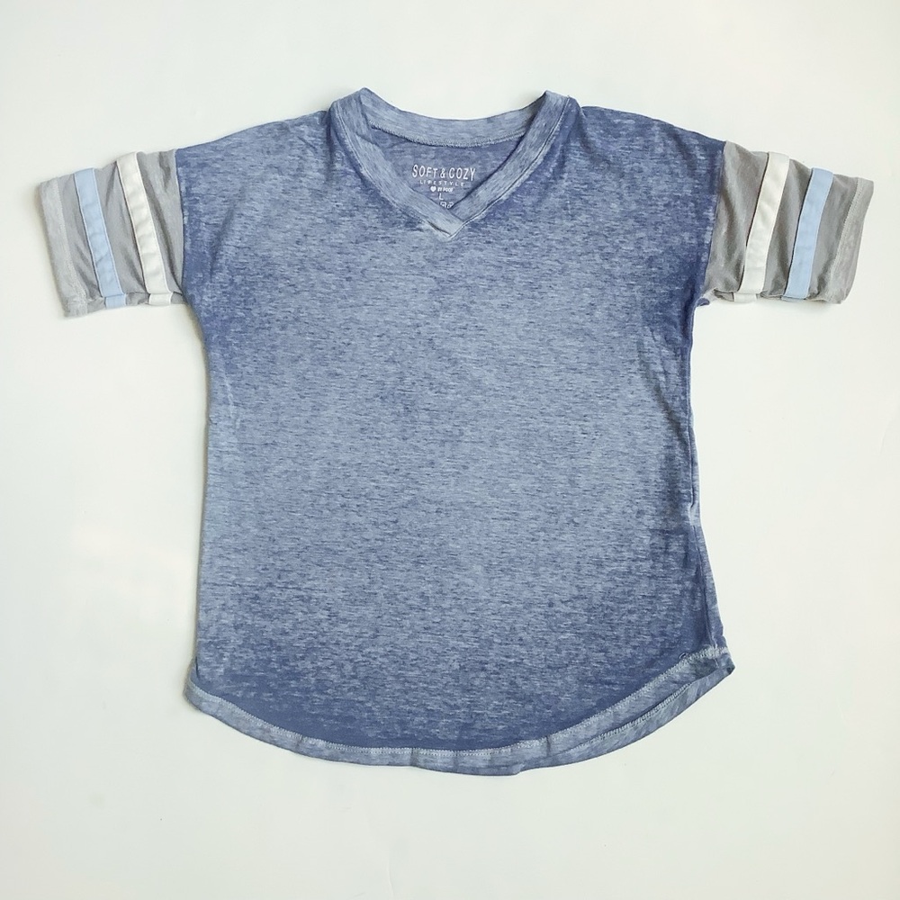 Poof! Heathered Blue V-Neck Short Sleeve Tee with Striped Sleeves